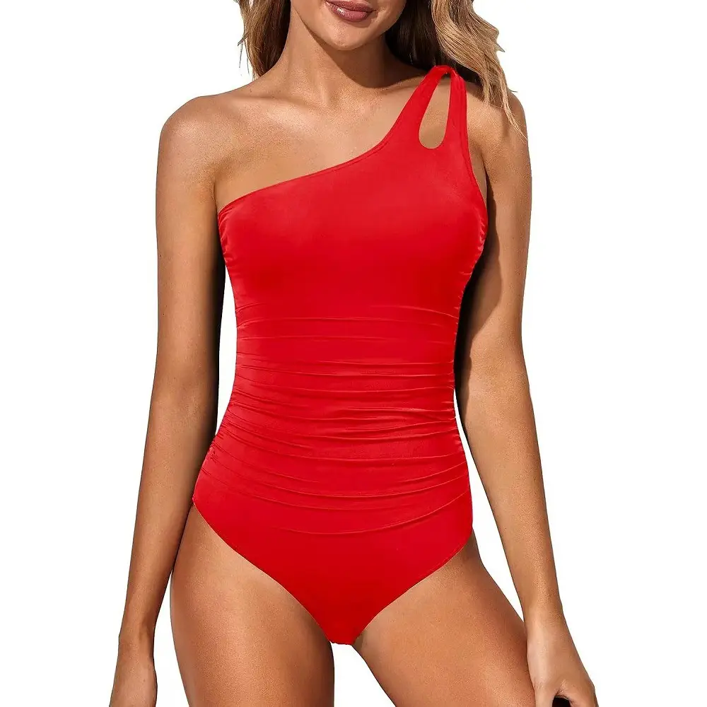 Purple One-Piece Swim Suit for Women with Oblique Shoulder - Image 3