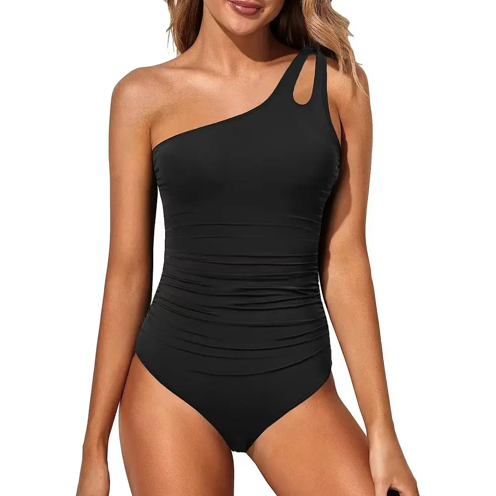 Purple One-Piece Swim Suit for Women with Oblique Shoulder — feature 1