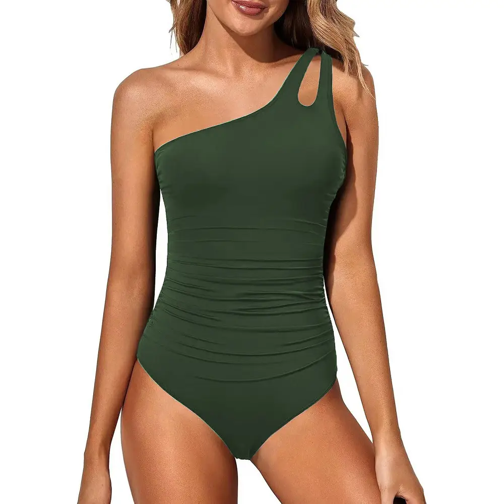 Purple One-Piece Swim Suit for Women with Oblique Shoulder - Image 9