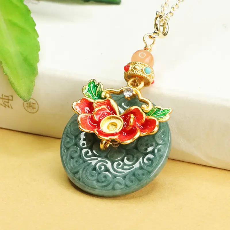 Jade Necklace Blue Floral Safety Buckle Pendant