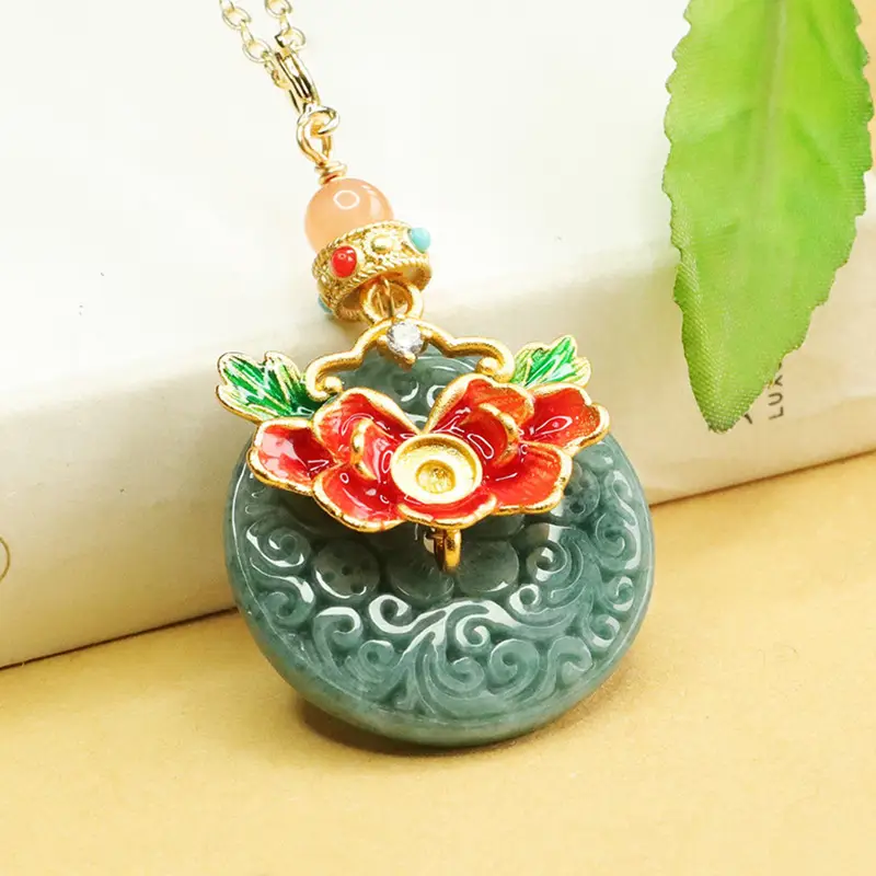 Jade Necklace Blue Floral Safety Buckle Pendant
