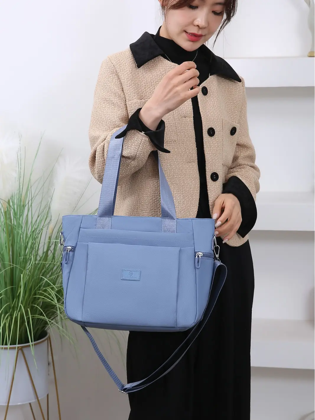 Light Blue Nylon Shoulder Bag for Women - Image 8