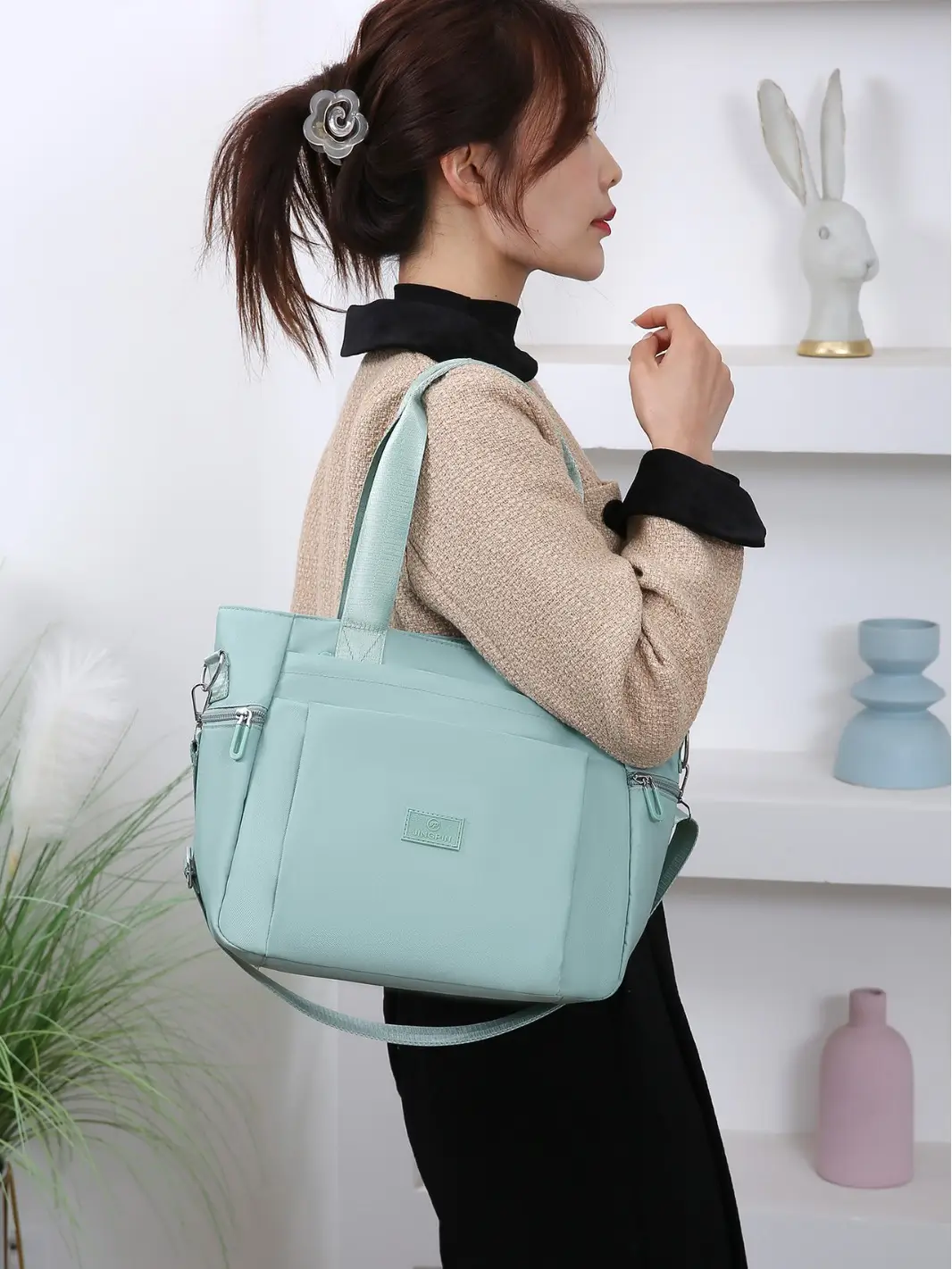 Light Blue Nylon Shoulder Bag for Women - Image 10