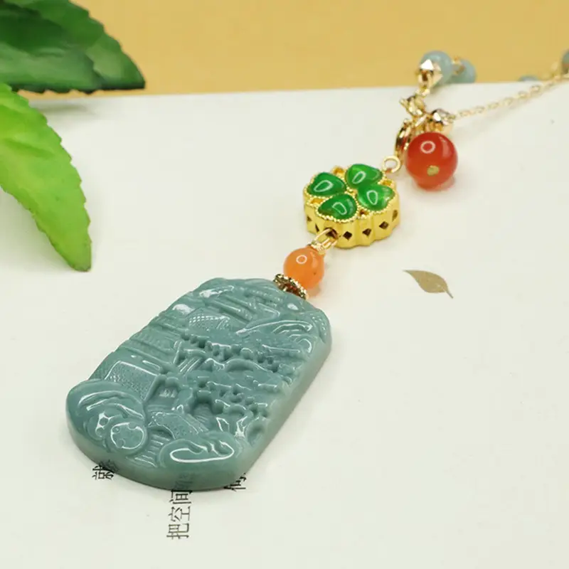 Jade Landscape Pendant Necklace Blue Water Chain - Image 3