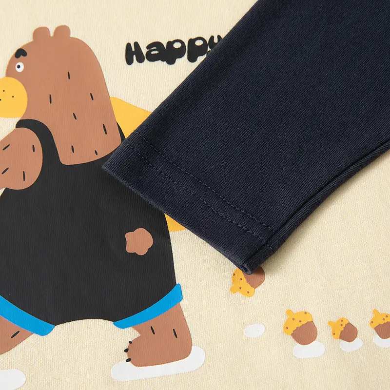 Children Cotton Long Sleeve T-Shirt Beige Spring Neck Top - Image 3