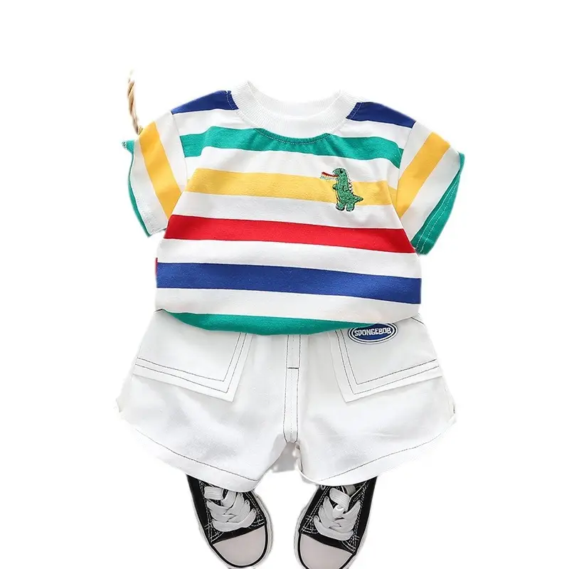 2024 Boys Striped Dinosaur Shorts Suit White - Image 3