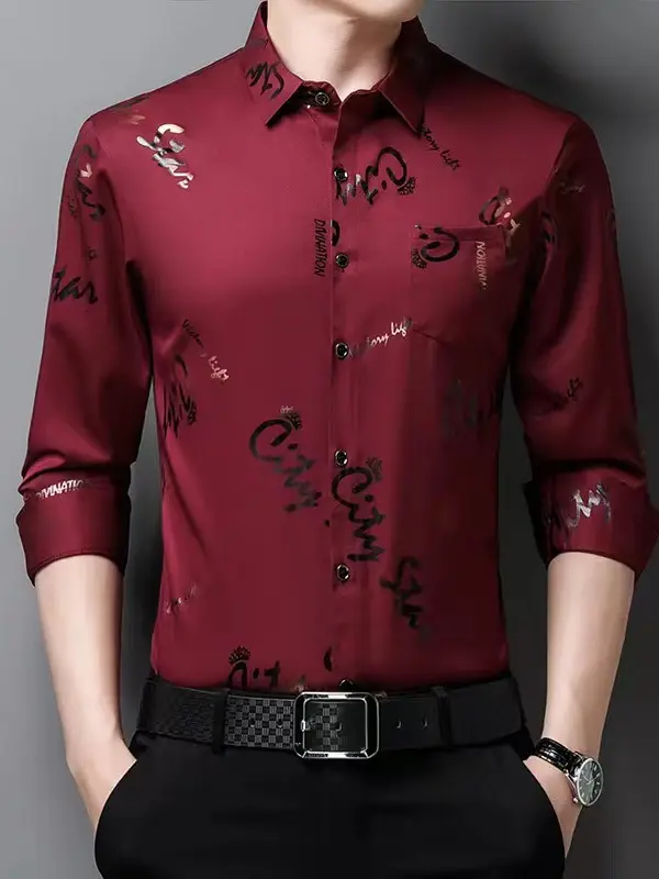 Men Printed Letter Coat Blue Slim Fit Shirt