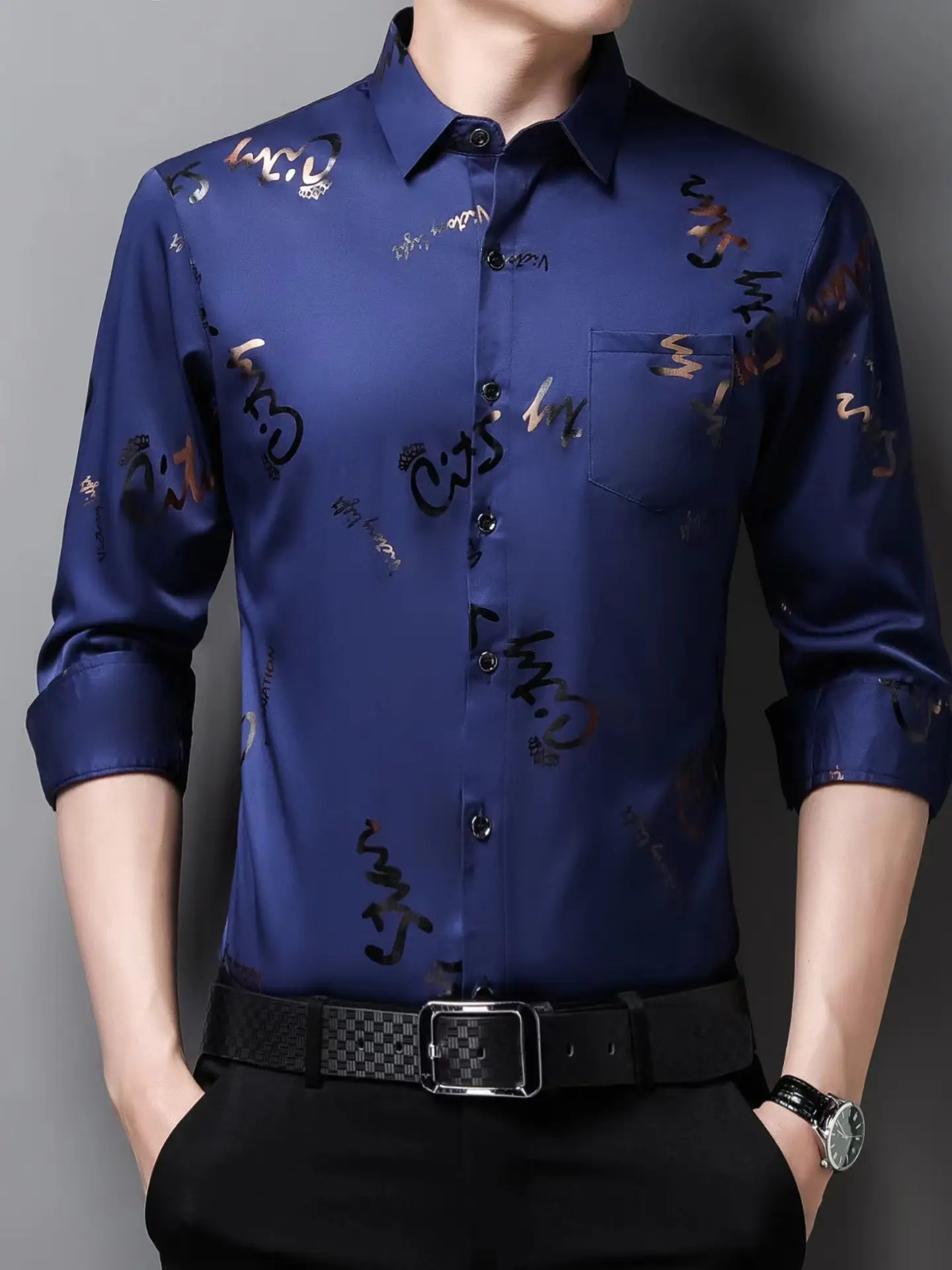 Men Printed Letter Coat Blue Slim Fit Shirt