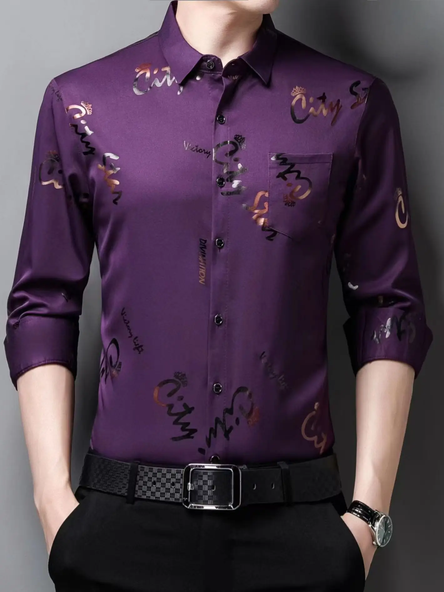 Men Printed Letter Coat Blue Slim Fit Shirt