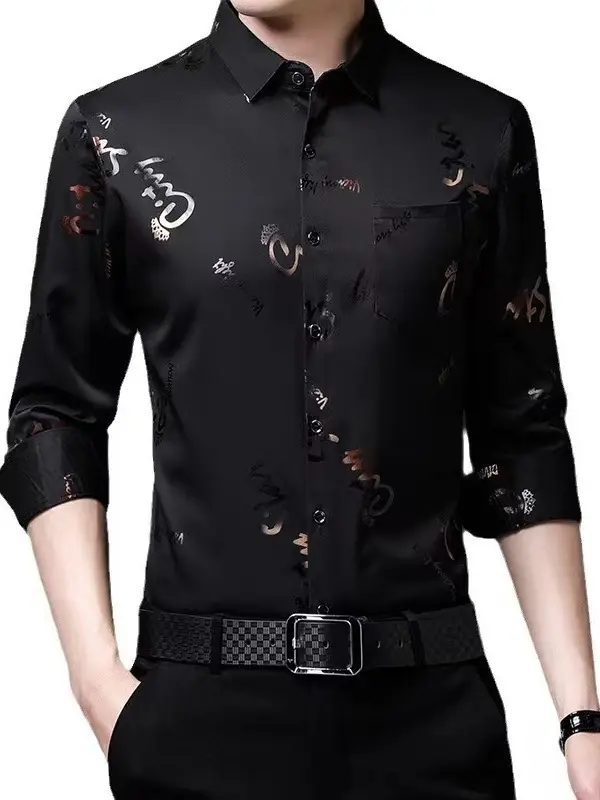 Men Printed Letter Coat Blue Slim Fit Shirt