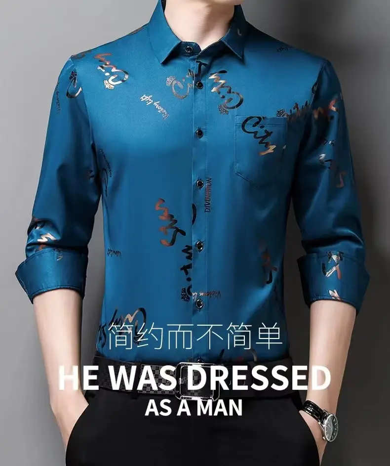 Men Printed Letter Coat Blue Slim Fit Shirt — feature 2