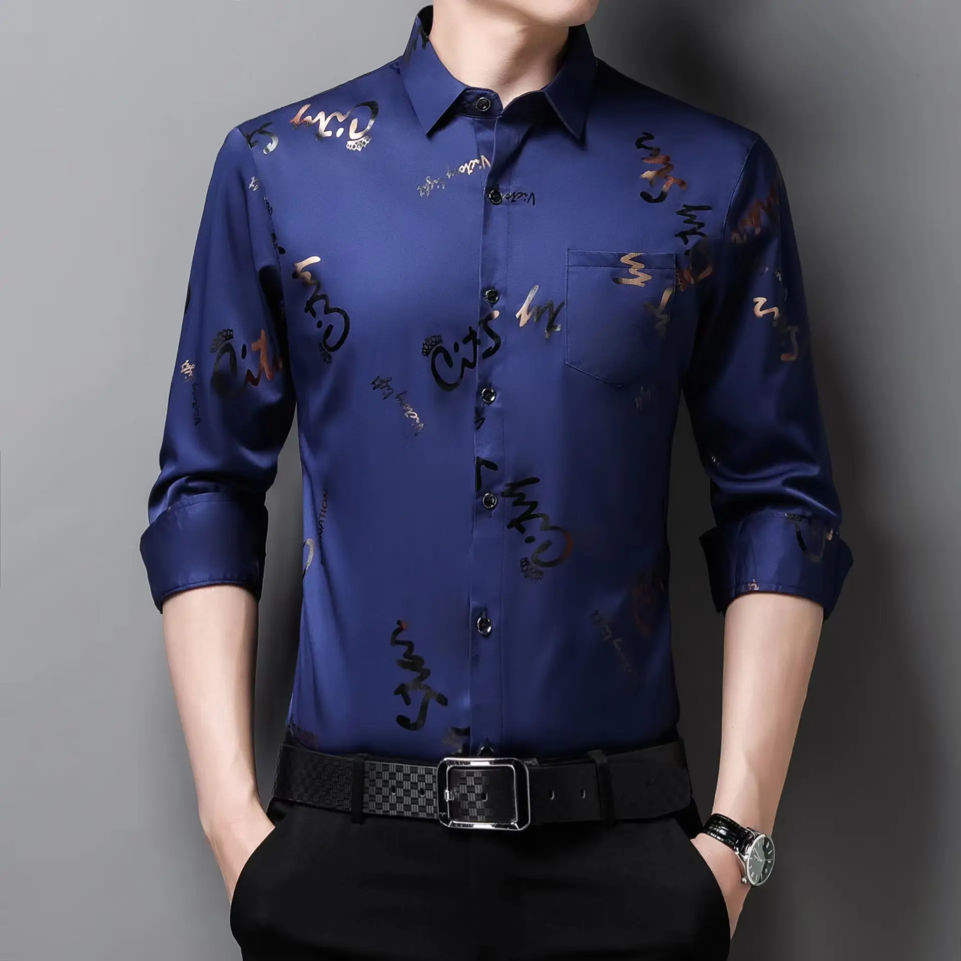 Men Printed Letter Coat Blue Slim Fit Shirt