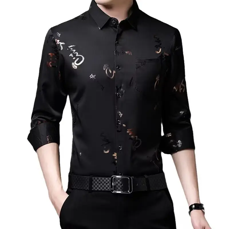 Men Printed Letter Coat Blue Slim Fit Shirt