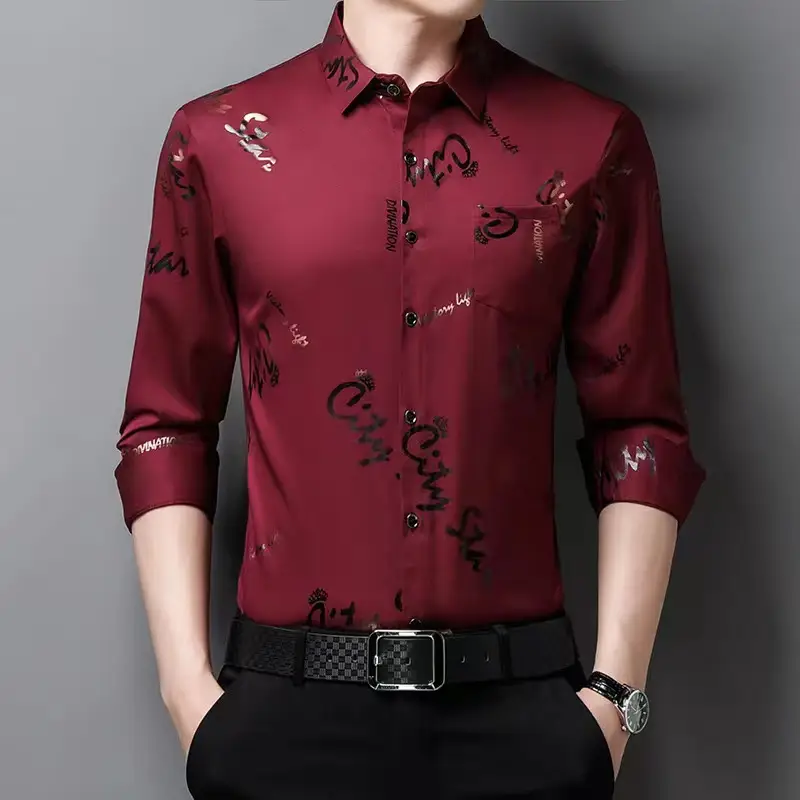 Men Printed Letter Coat Blue Slim Fit Shirt