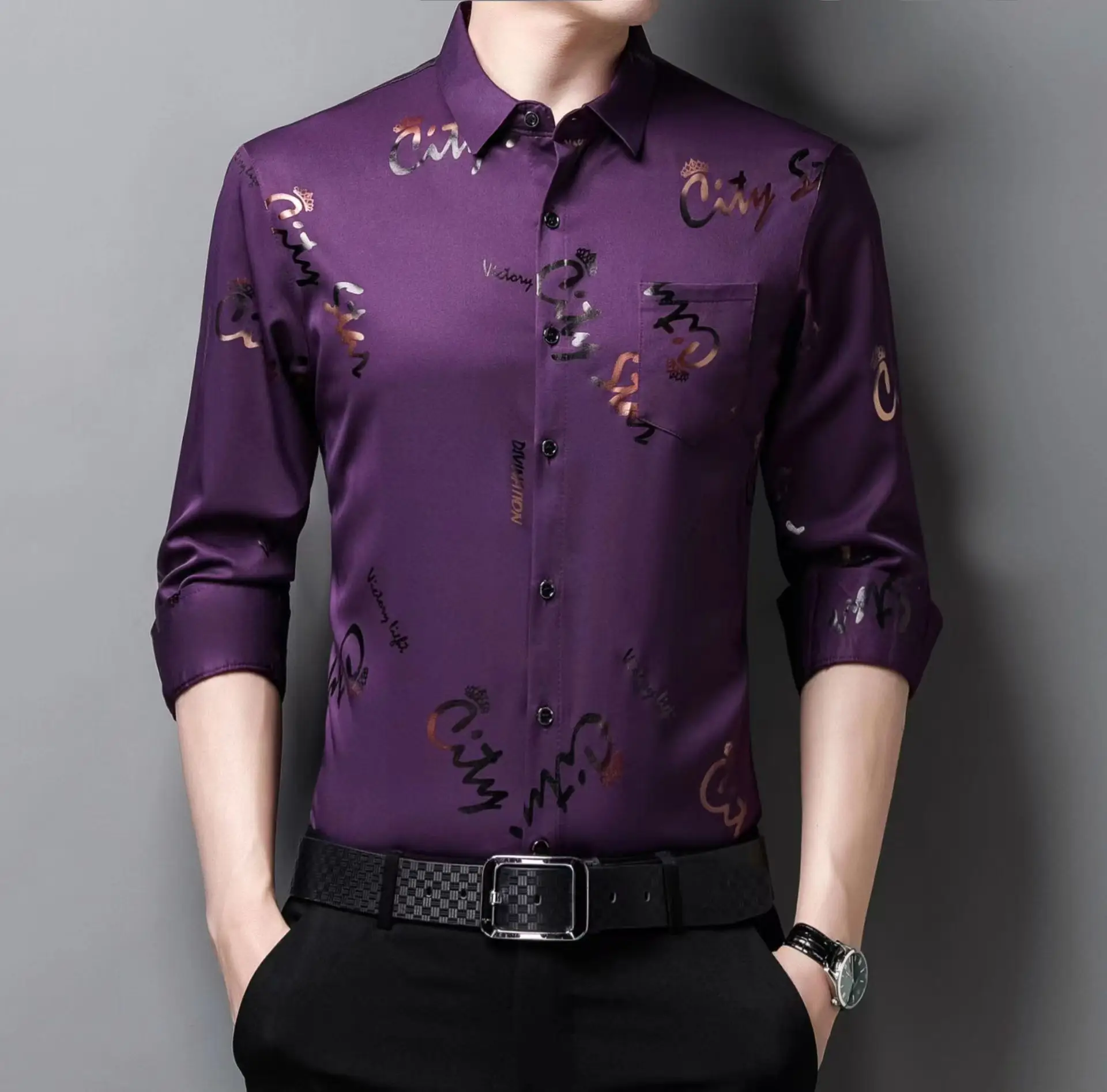 Men Printed Letter Coat Blue Slim Fit Shirt