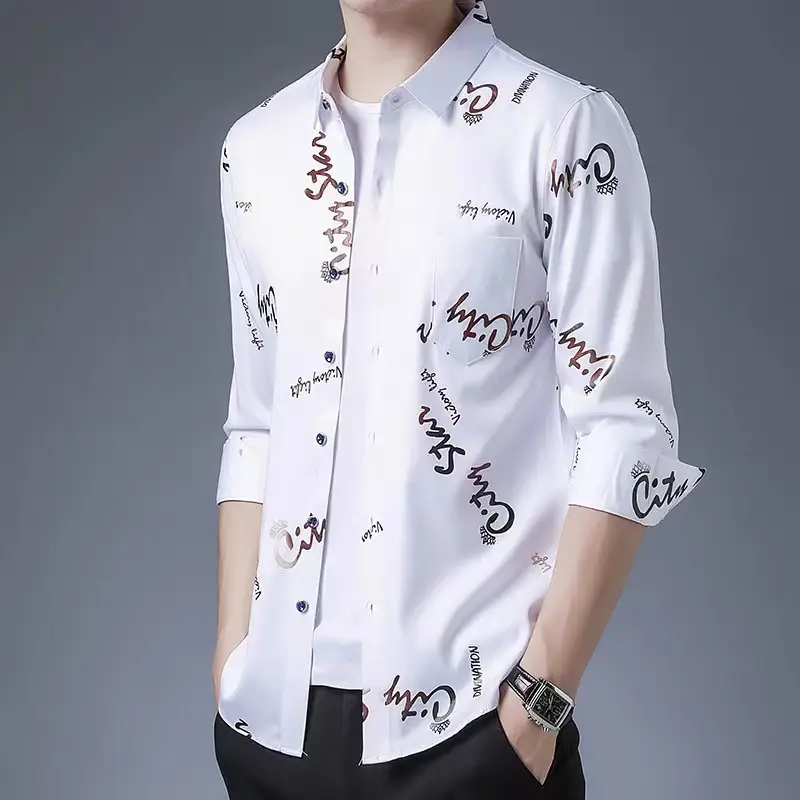 Men Printed Letter Coat Blue Slim Fit Shirt