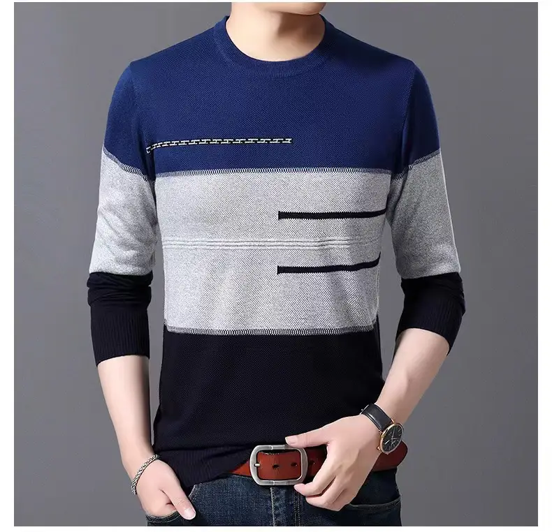 Men Knitted New Pullover Sweater Blue Gray Black — feature 10