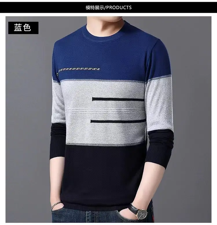 Men Knitted New Pullover Sweater Blue Gray Black — feature 11
