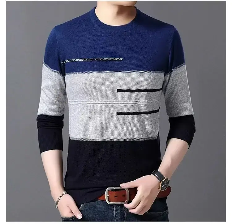 Men Knitted New Pullover Sweater Blue Gray Black - Image 6