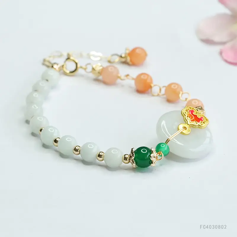 Guan Yu Jade Bracelet with Green & Orange Beads - Image 3