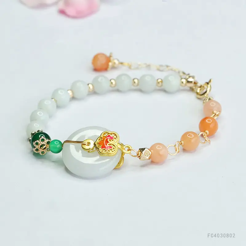 Guan Yu Jade Bracelet with Green & Orange Beads - Image 4