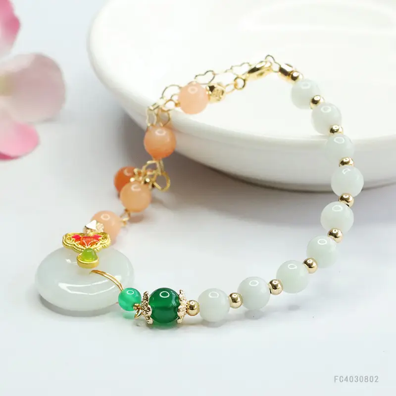 Guan Yu Jade Bracelet with Green & Orange Beads - Image 5