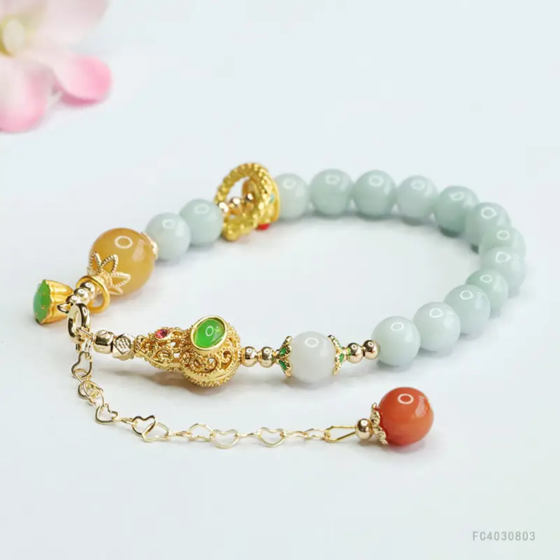 Guan Yu Jade Bracelet with Round Beads & Gold Clasp