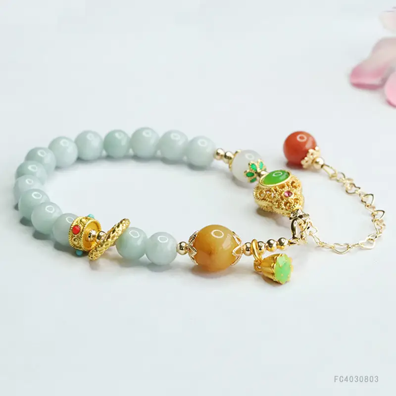 Guan Yu Jade Bracelet with Round Beads & Gold Clasp