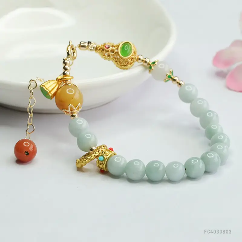 Guan Yu Jade Bracelet with Round Beads & Gold Clasp