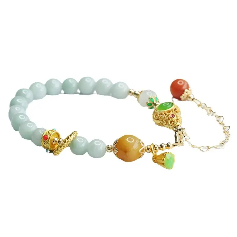 Guan Yu Jade Bracelet with Round Beads & Gold Clasp
