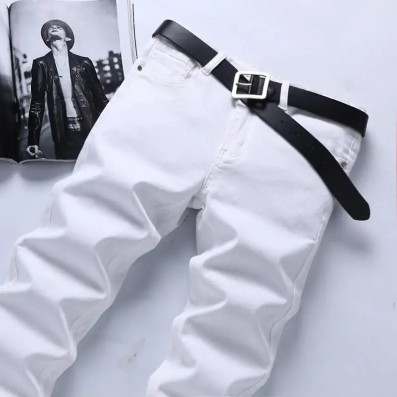 Men's White Stretch Korean Style Slim Fit Jeans - Image 47