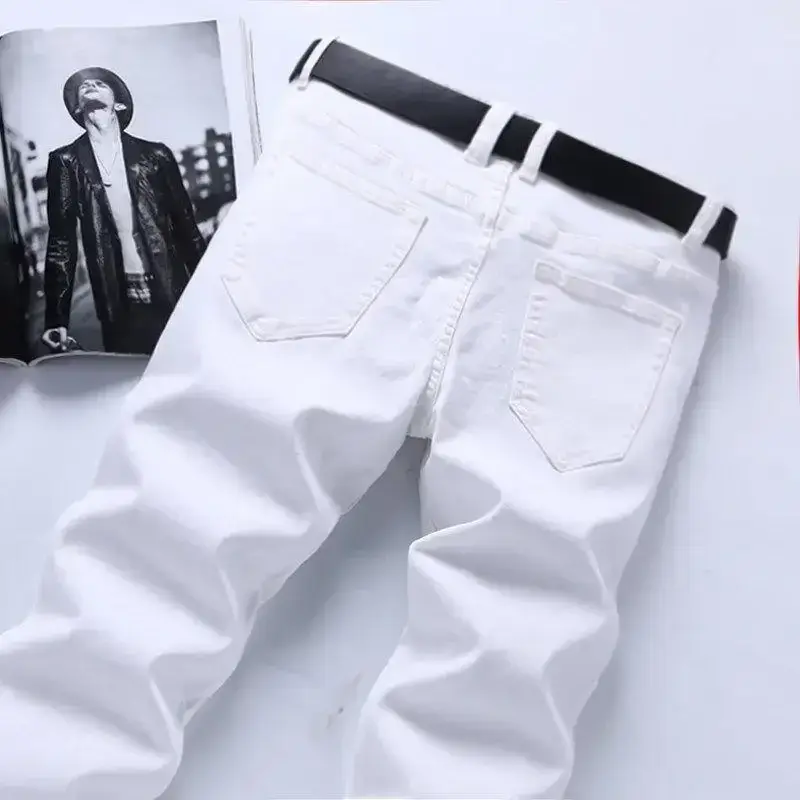 Men's White Stretch Korean Style Slim Fit Jeans - Image 2