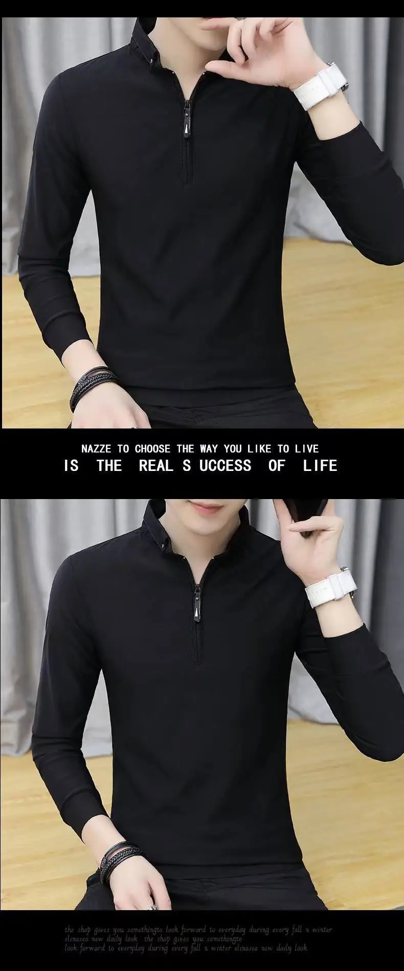 Men's White Long Sleeve Polo Shirt with Zipper Collar — feature 3
