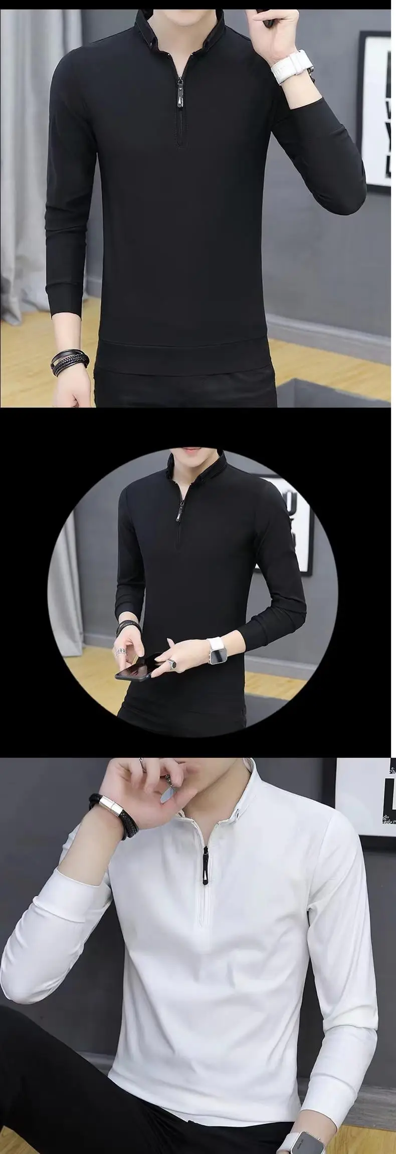 Men's White Long Sleeve Polo Shirt with Zipper Collar — feature 4