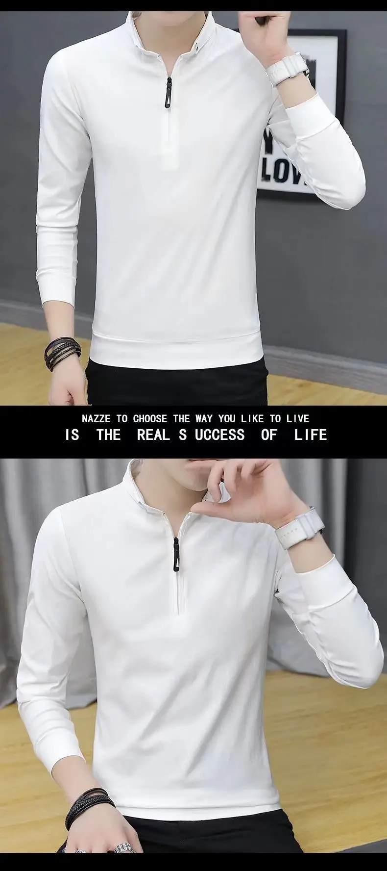 Men's White Long Sleeve Polo Shirt with Zipper Collar — feature 5