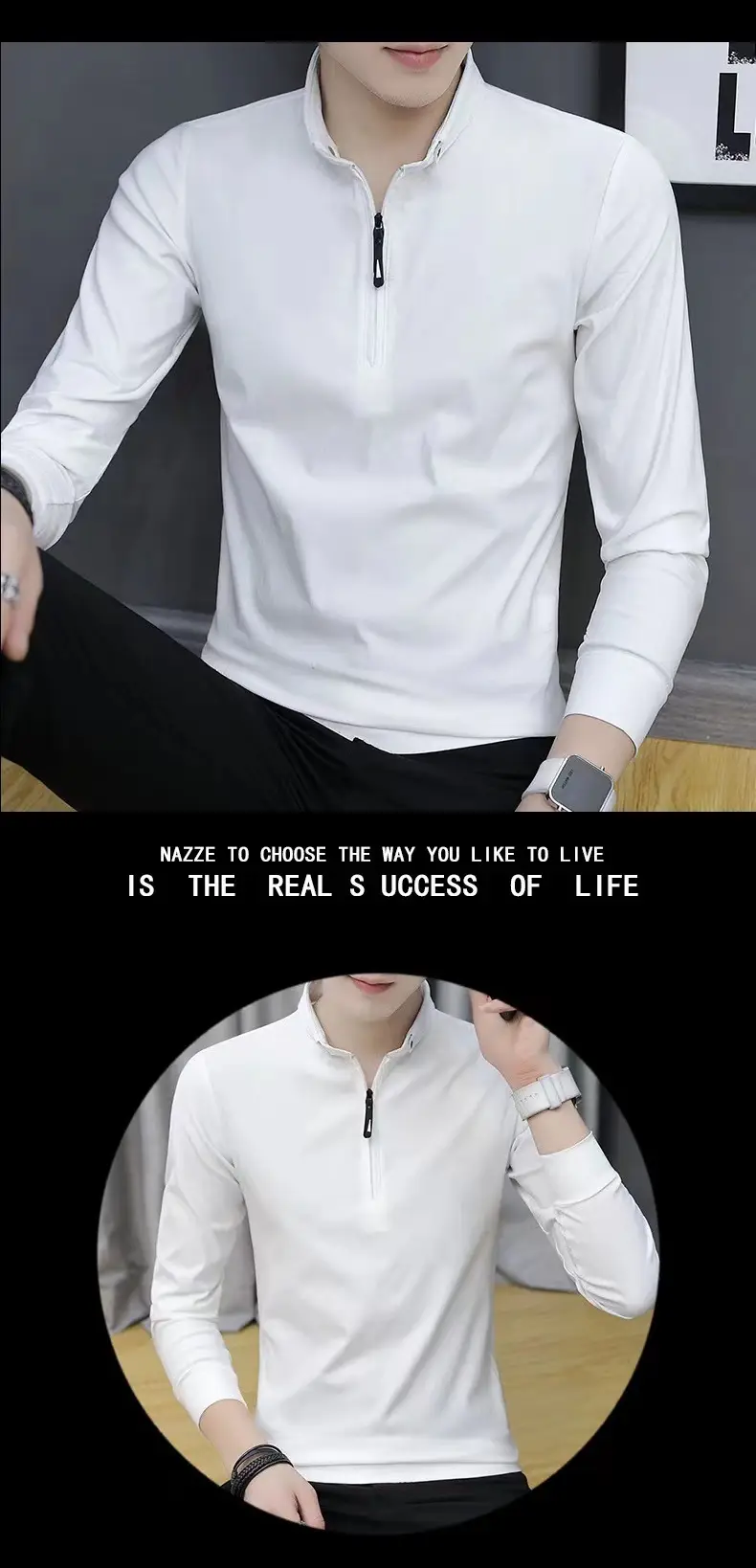 Men's White Long Sleeve Polo Shirt with Zipper Collar — feature 6