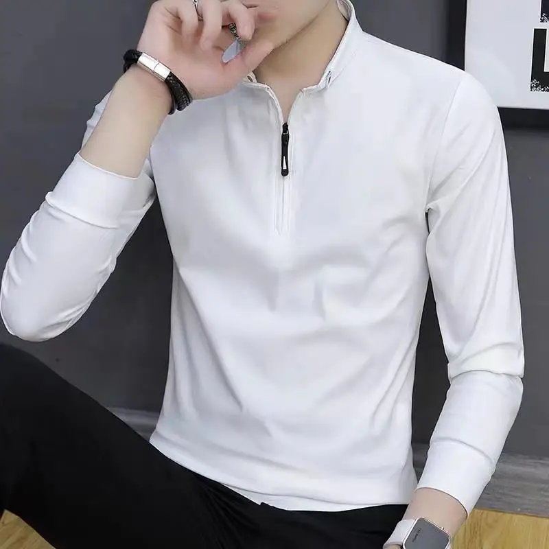 Men's White Long Sleeve Polo Shirt with Zipper Collar - Image 2