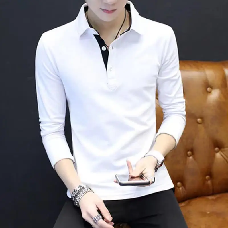 Men's White Long Sleeve Polo Shirt with Zipper Collar - Image 3