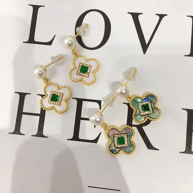 Natural Pearl Four-Leaf Clover Earrings for Women - Image 5