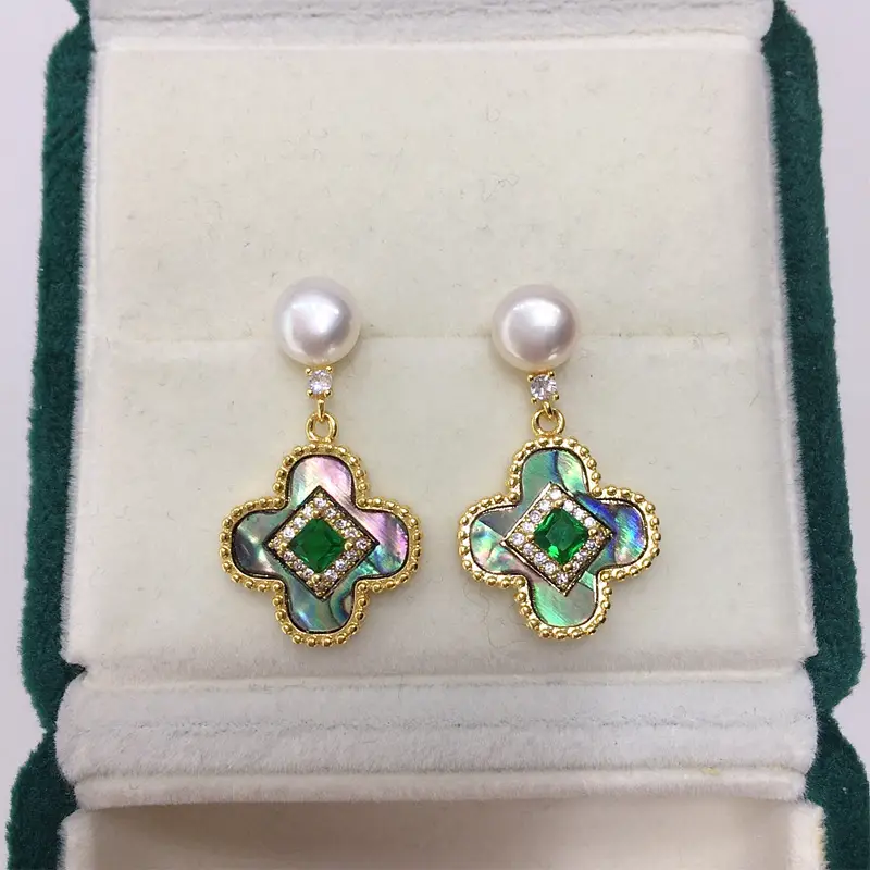 Natural Pearl Four-Leaf Clover Earrings for Women - Image 2