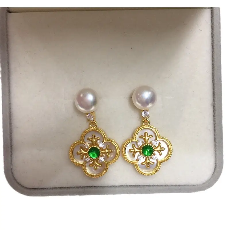 Natural Sea Shell Green Agate Four-leaf Clover Earrings for Women - Image 7