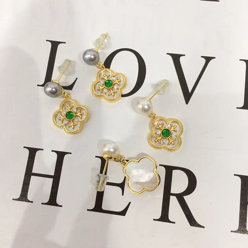 Natural Sea Shell Green Agate Four-leaf Clover Earrings for Women — feature 7