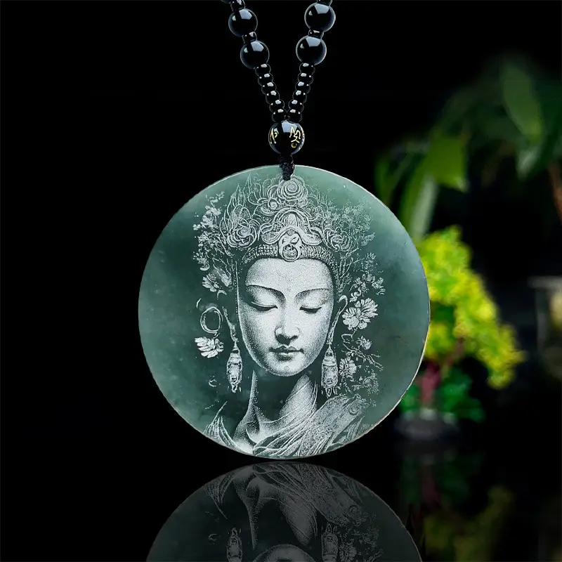 Ice Bottom Blue Guanyin Jade Pendant Necklace - Image 2