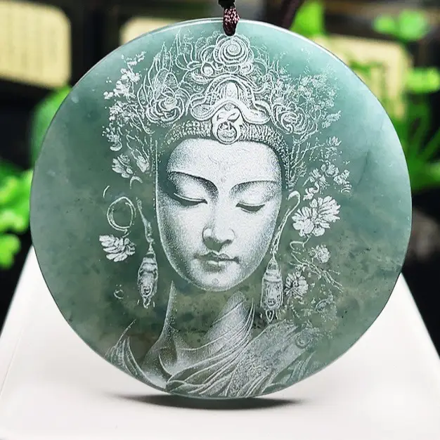 Ice Bottom Blue Guanyin Jade Pendant Necklace - Image 3