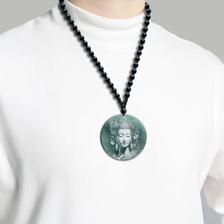 Ice Bottom Blue Guanyin Jade Pendant Necklace - Image 4