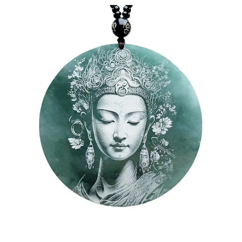 Ice Bottom Blue Guanyin Jade Pendant Necklace - Image 5