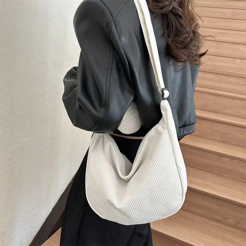 Women's White Corduroy Shoulder Bag with Crossbody Strap - Image 11