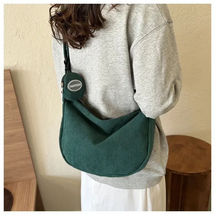 Women's White Corduroy Shoulder Bag with Crossbody Strap — feature 17