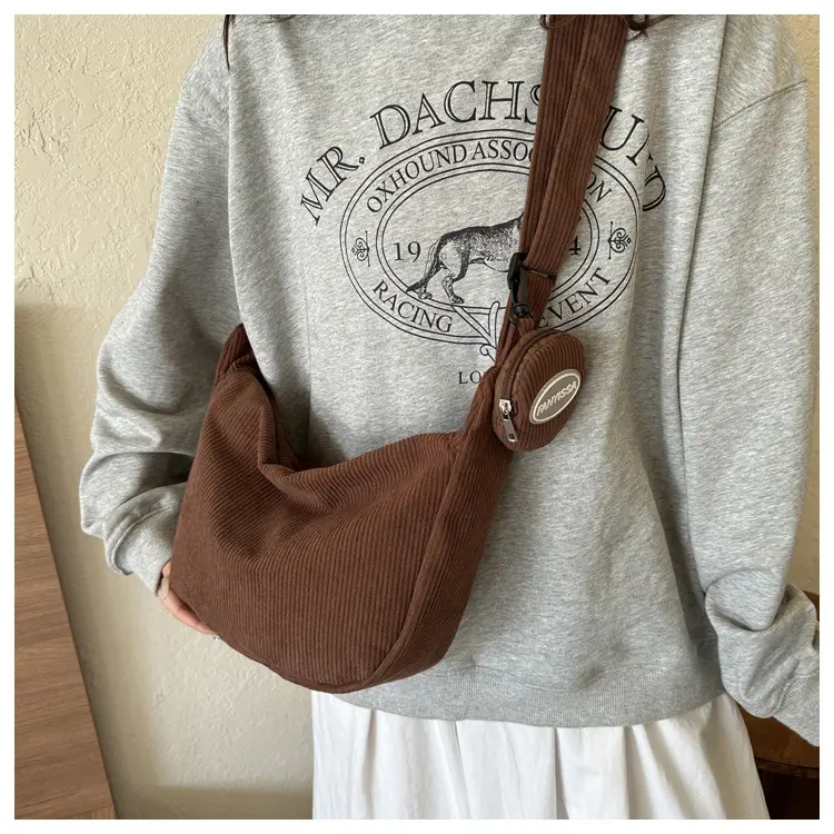 Women's White Corduroy Shoulder Bag with Crossbody Strap — feature 19