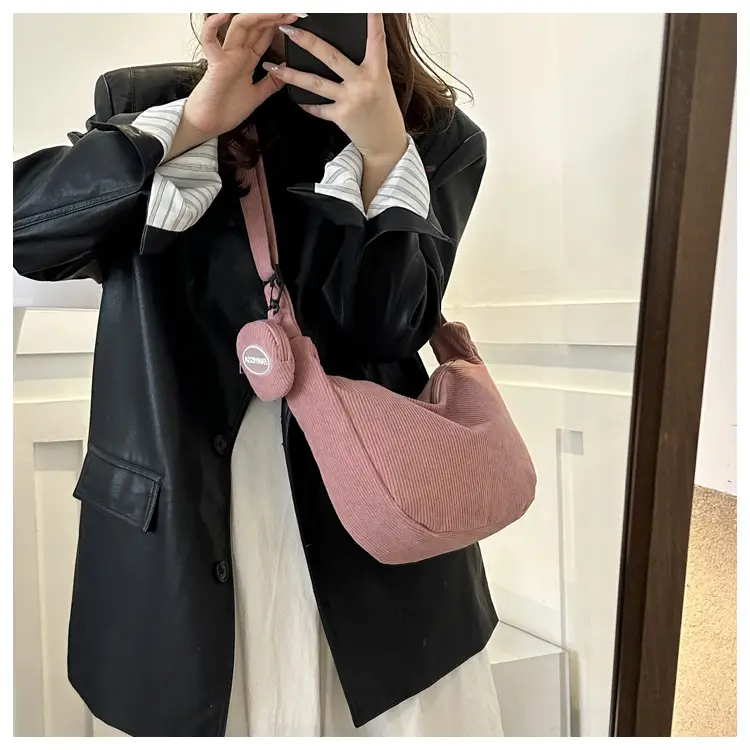 Women's White Corduroy Shoulder Bag with Crossbody Strap — feature 22